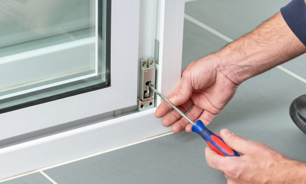 A technician checking a sliding door's alignment, a key part of a full system repair.