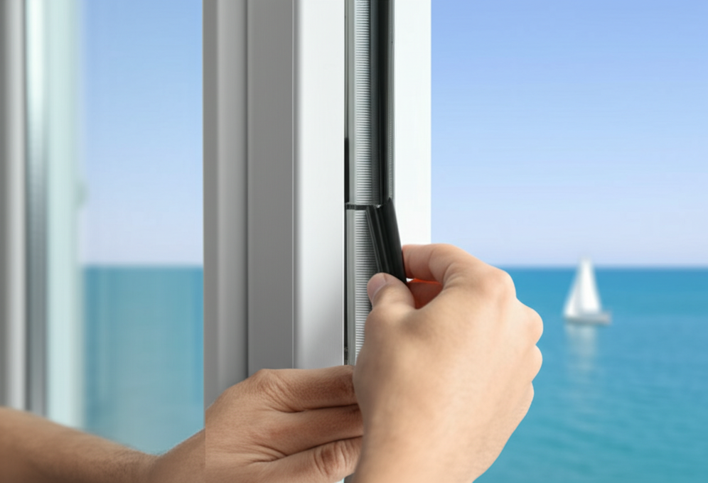 A close-up of a sliding door's durable seal, which works with a screen to keep bugs out.